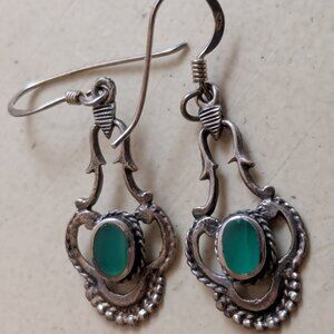 Delicate Ornate Sterling Dangle Earrings with Emerald Colored Inlay